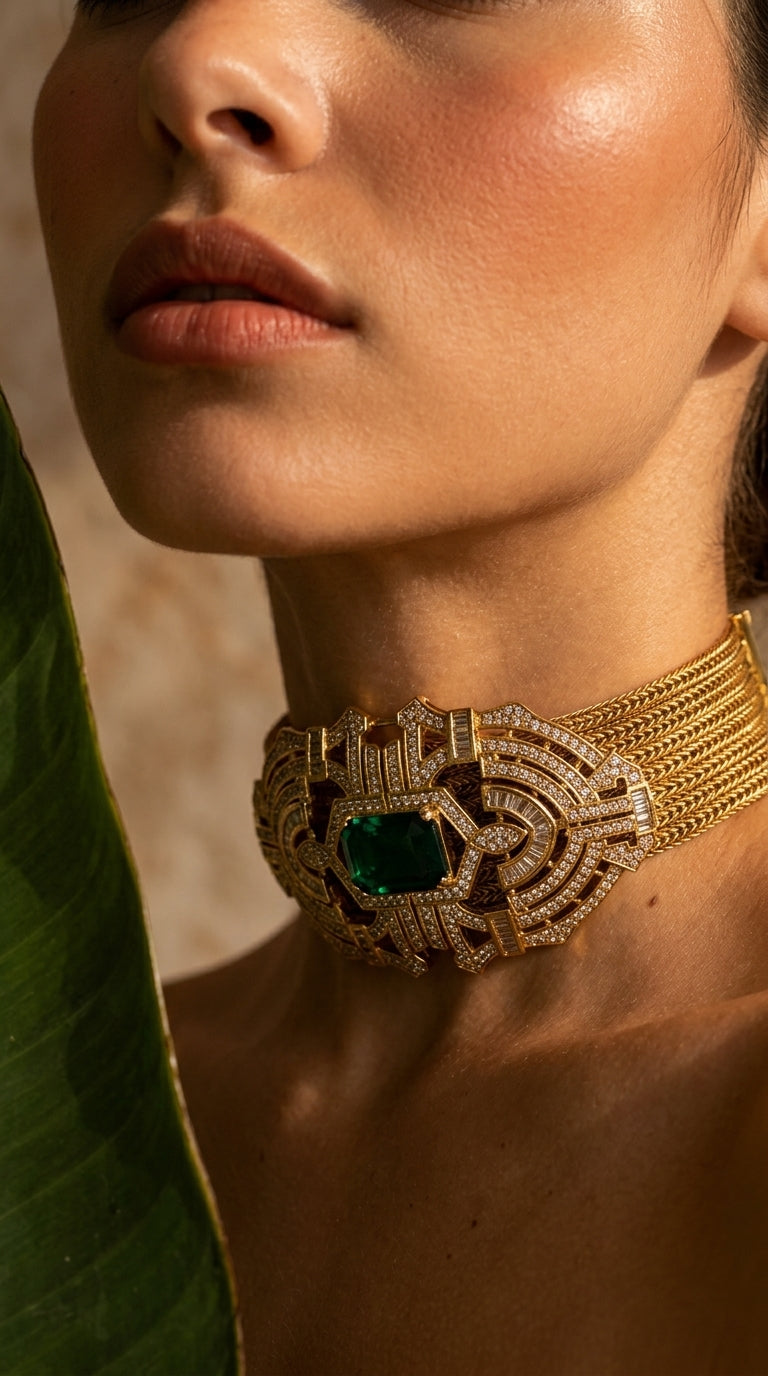 Emerald Art Deco Gold Choker Necklace