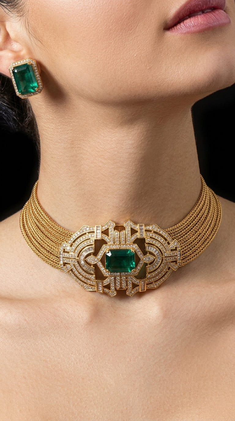 Emerald Art Deco Gold Choker Necklace