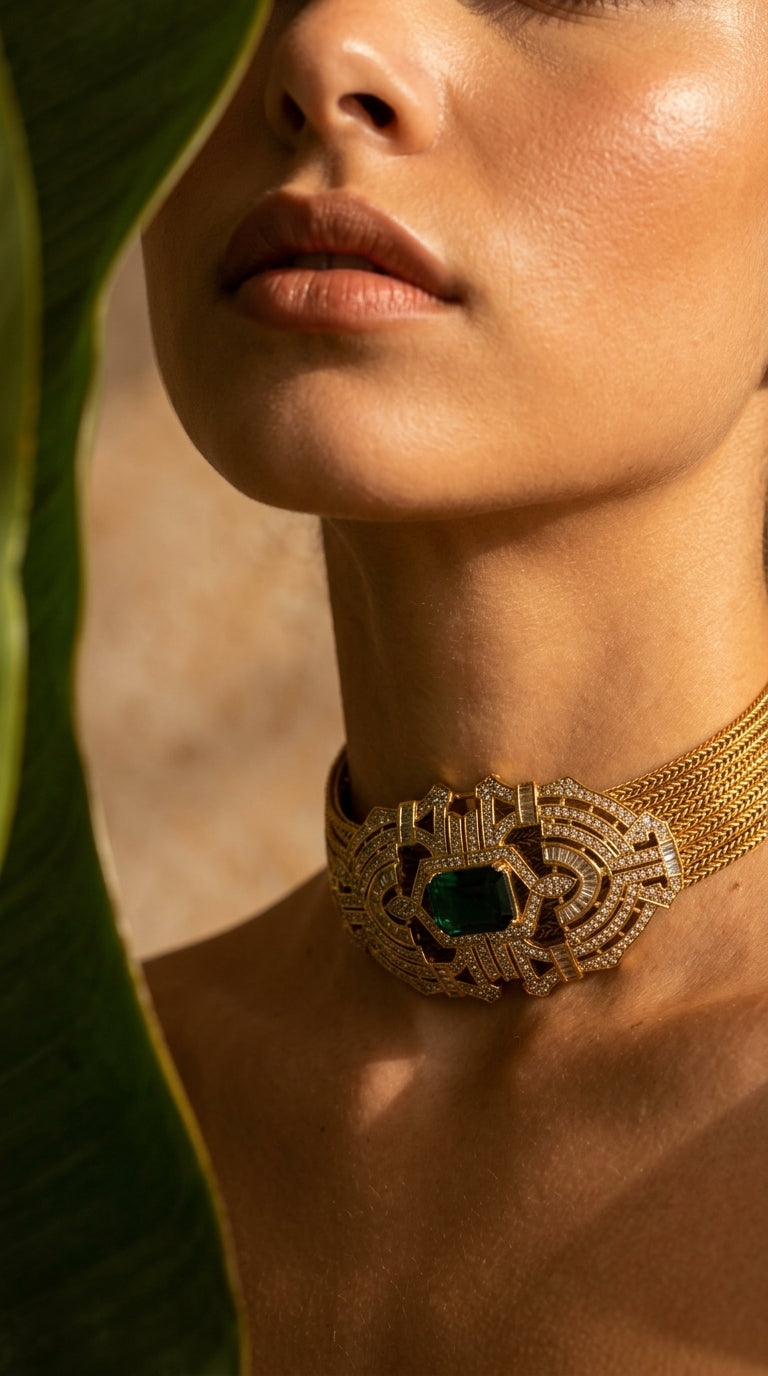 Emerald Art Deco Gold Choker Necklace