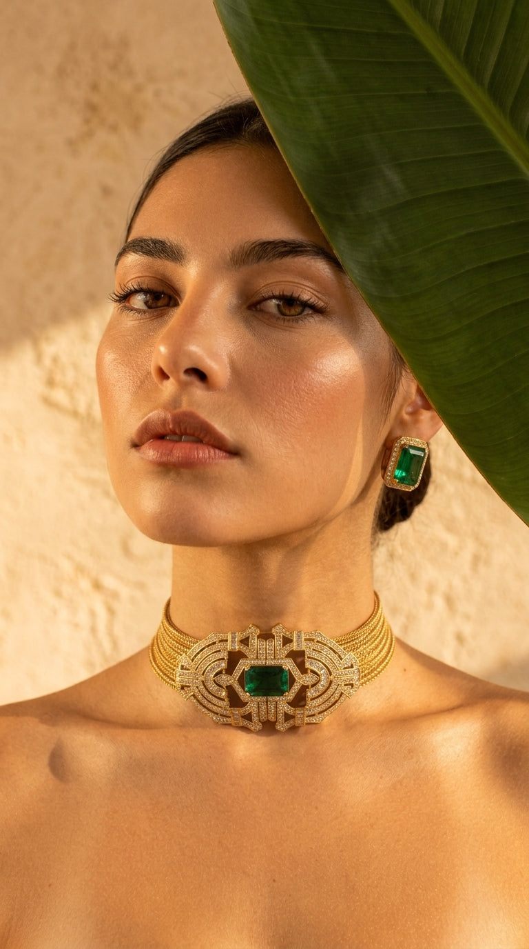 Emerald Art Deco Gold Choker Necklace