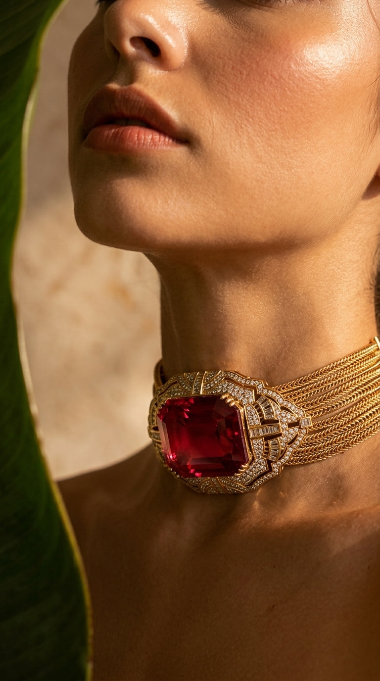 Ruby Radiance Art Deco Gold Choker Necklace